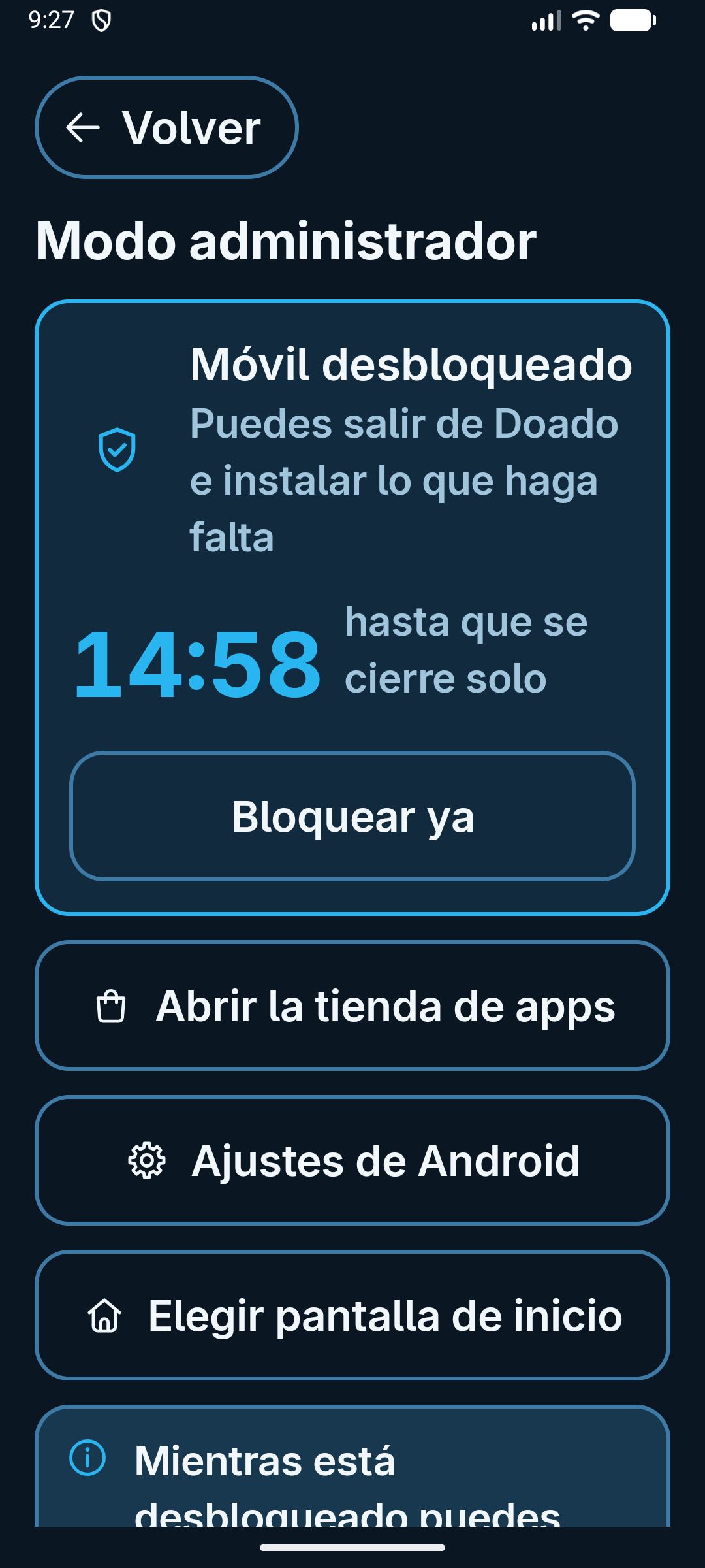 Modo administrador desbloqueado, con 14:58 de cuenta atrás y los botones de la tienda, los ajustes de Android y la pantalla de inicio
