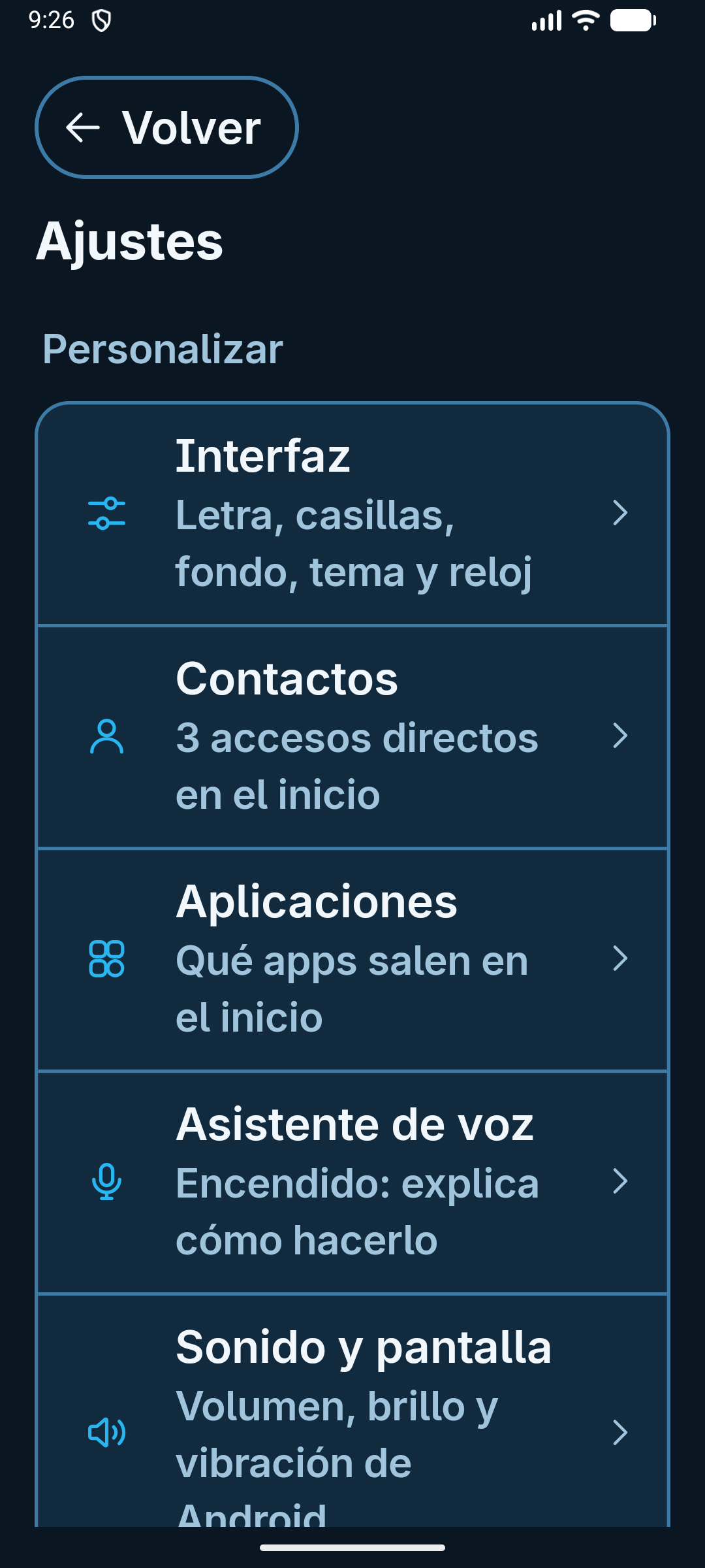 Índice de ajustes de Doado: Interfaz, Contactos, Aplicaciones, Asistente de voz y Sonido y pantalla